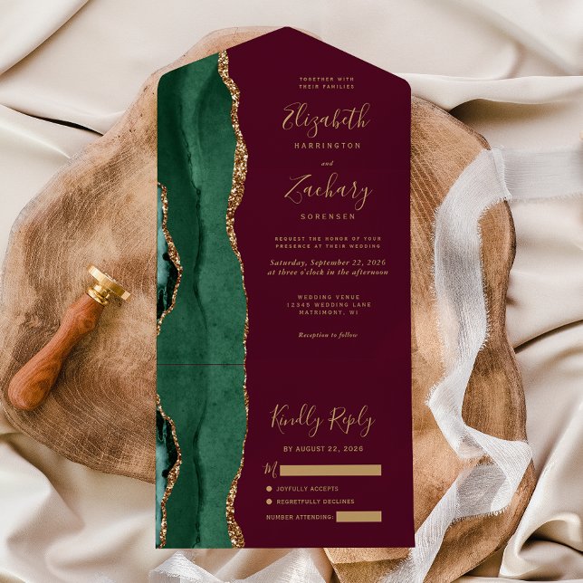 Modern Emerald Green Gold Agate Burgundy Wedding All In One Invitation (Creator Uploaded)