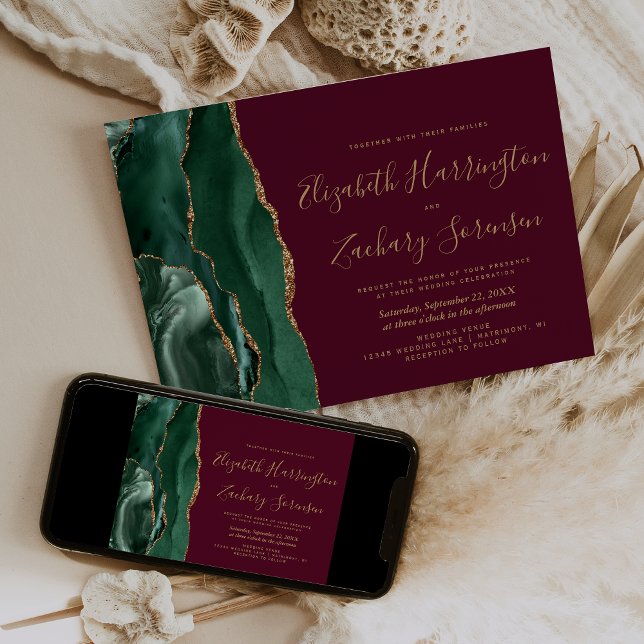 Modern Emerald Green Gold Agate Burgundy Wedding Invitation (Creator Uploaded)