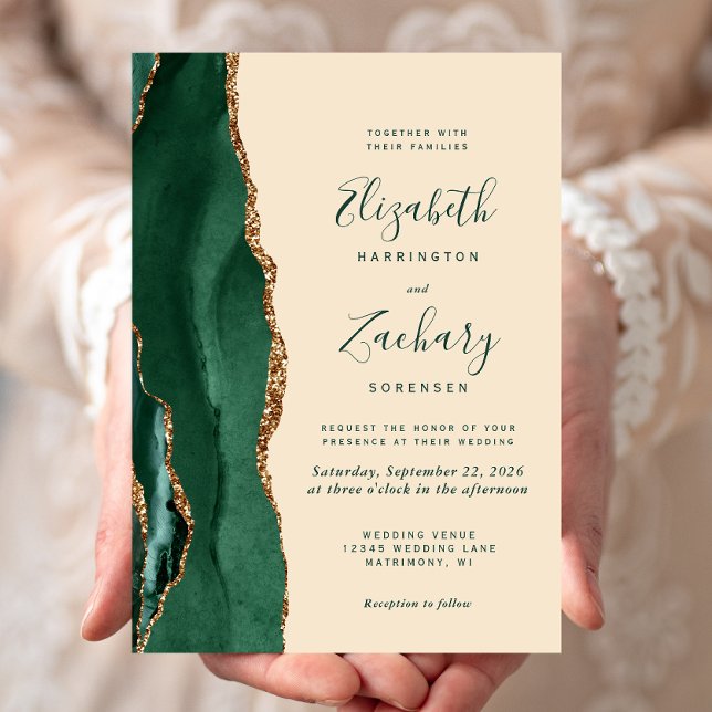 Modern Emerald Green Gold Agate Champagne Wedding Invitation (Creator Uploaded)