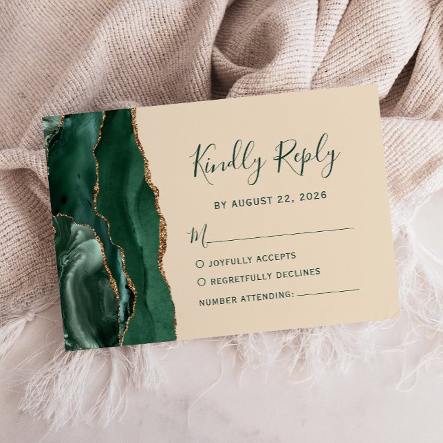 Modern Emerald Green Gold Agate Champagne Wedding RSVP Card (Creator Uploaded)