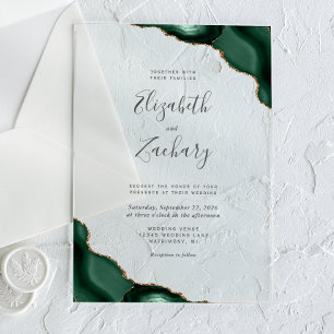 Modern Emerald Green Gold Agate Corners Wedding Acrylic Invitations