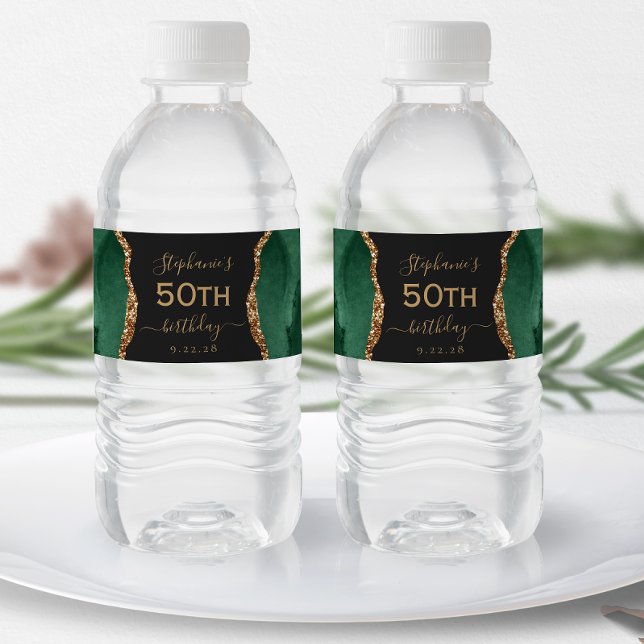 Modern Emerald Green Gold Agate Dark 50th Birthday Water Bottle Label (Creator Uploaded)
