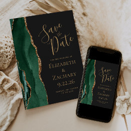 Modern Emerald Green Gold Agate Dark Save the Date