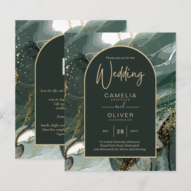 Modern Emerald Green Gold Agate Marble WEDDING (Front/Back)