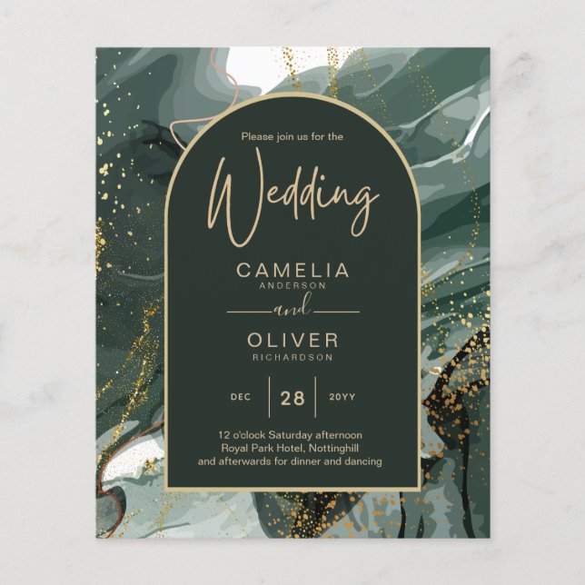Modern Emerald Green Gold Agate Marble WEDDING Flyer (Front)
