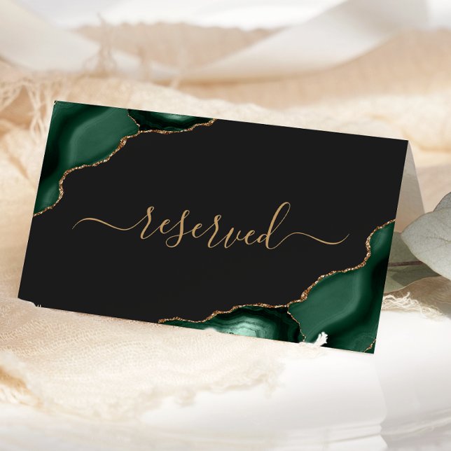 Modern Emerald Green Gold Agate Reserved Wedding Place Card (Creator Uploaded)