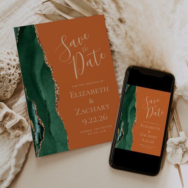 Modern Emerald Green Gold Agate Rust Save the Date (Creator Uploaded)