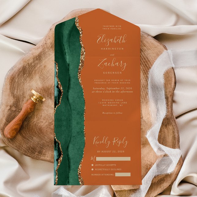 Modern Emerald Green Gold Agate Rust Wedding All In One Invitation (Creator Uploaded)