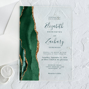 Modern Emerald Green Gold Agate Script Wedding Acrylic Invitations