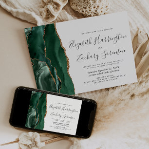 Modern Emerald Green Gold Agate Wedding Invitation