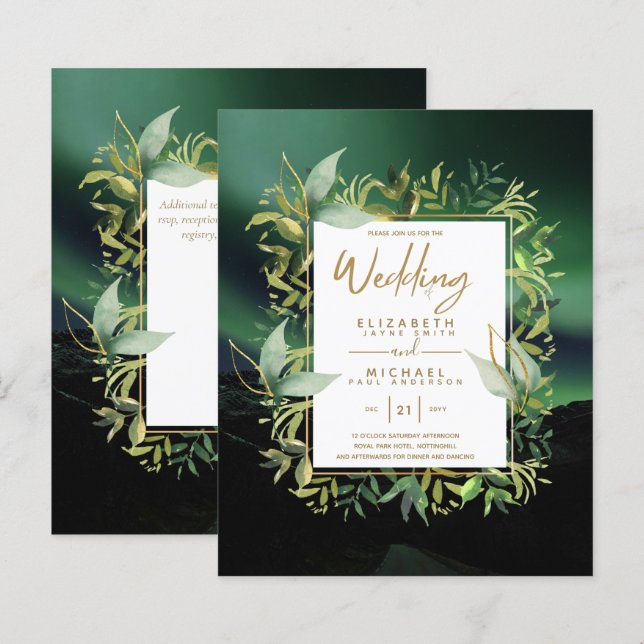 Modern Emerald Green Gold Budget Wedding Invites (Front/Back)