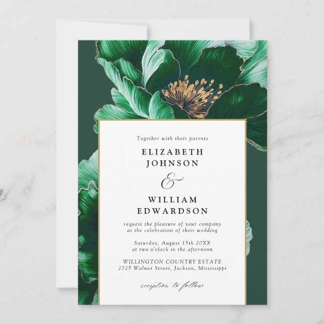 Modern Emerald Green Gold Floral QR Code Wedding Invitation (Front)