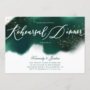 Modern Emerald Green Gold Glitter Rehearsal Dinner Invitation