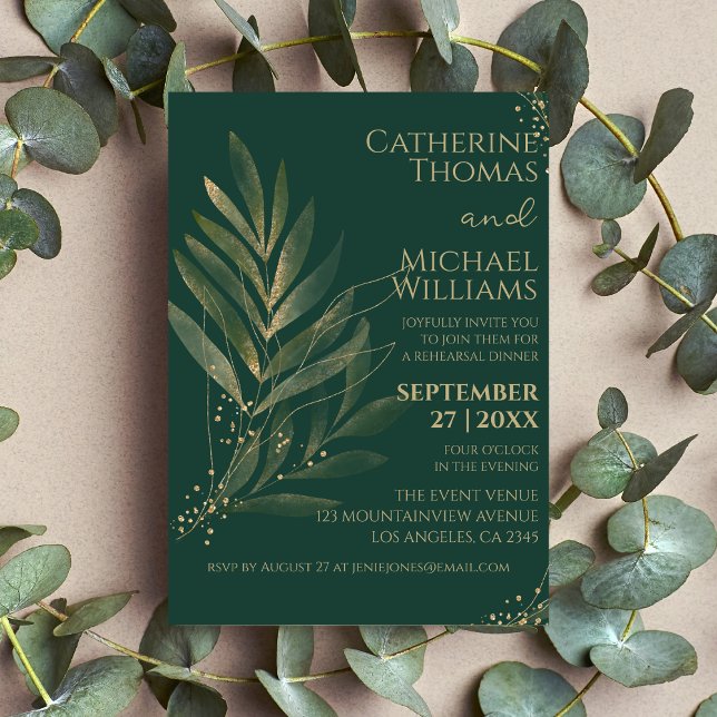 Modern Emerald Green Gold Leaf Rehearsal Dinner Invitation (Creator Uploaded)