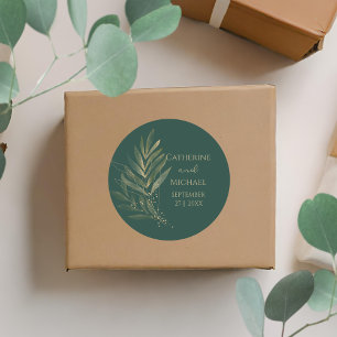 Modern Emerald Green Gold Leaf Wedding Monogram Classic Round Sticker