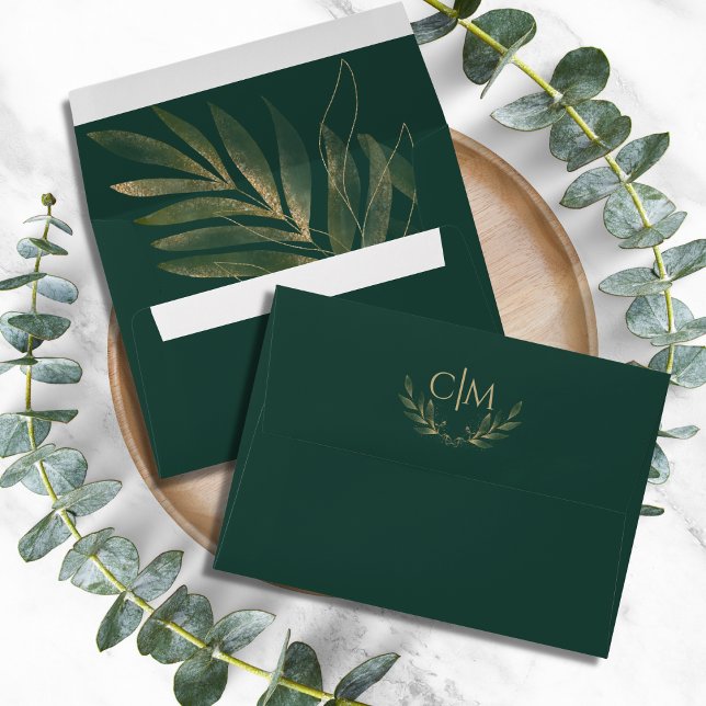 Modern Emerald Green Gold Leaf Wedding Monogram Envelope (Creator Uploaded)
