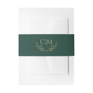 Modern Emerald Green Gold Leaf Wedding Monogram Invitation Belly Band