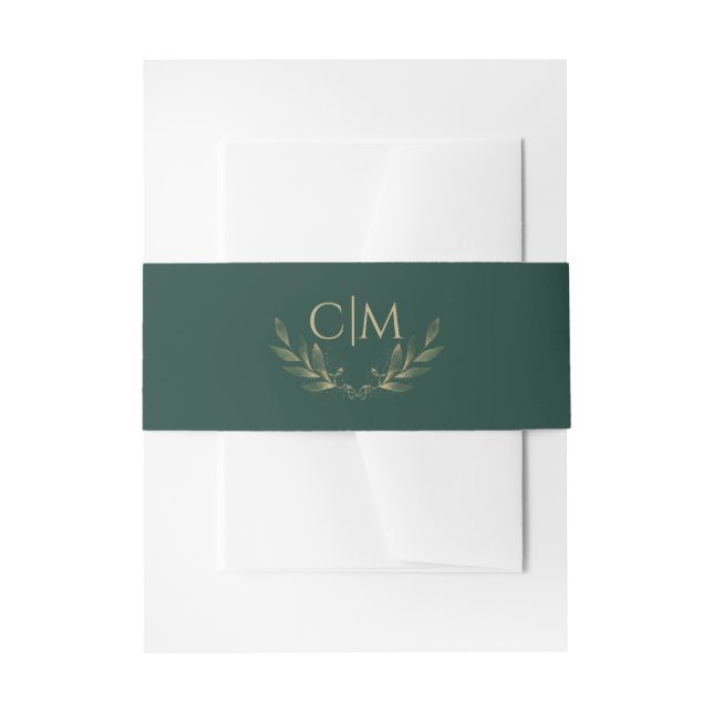 Modern Emerald Green Gold Leaf Wedding Monogram Invitation Belly Band (Front Example)