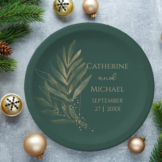 Modern Emerald Green Gold Leaf Wedding Monogram Paper Plate (Creator Uploaded)