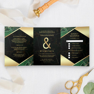 Modern Emerald Green Gold Marble Ampersand Wedding Tri-Fold Invitation