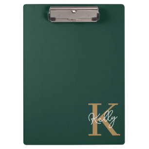 Modern Emerald Green Gold Monogram Script Clipboard