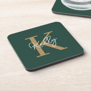 Modern Emerald Green Gold Monogram Script Coaster