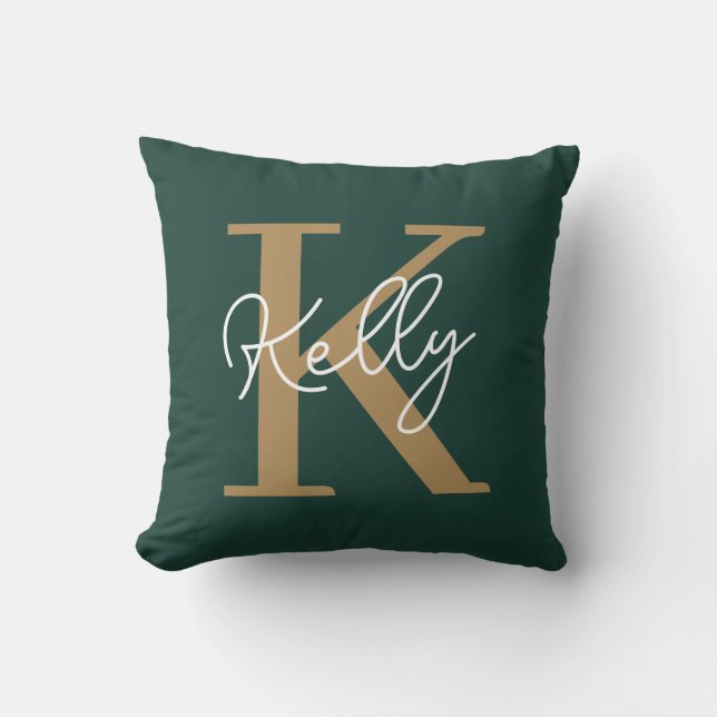 Modern Emerald Green Gold Monogram Script Cushion (Front)