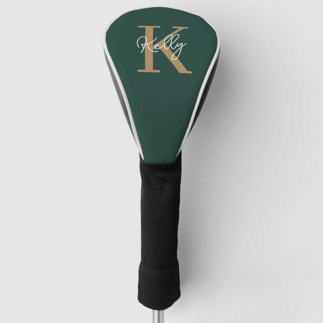 Modern Emerald Green Gold Monogram Script Golf Head Cover (Front)