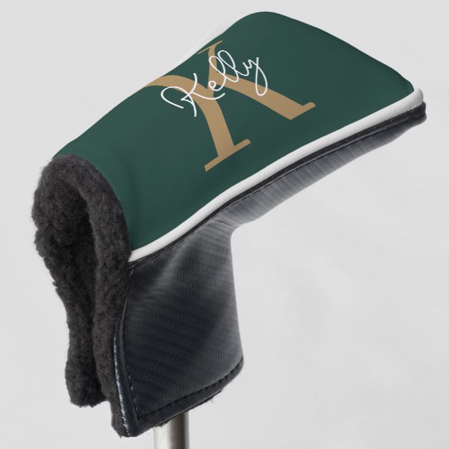 Modern Emerald Green Gold Monogram Script Golf Head Cover (3/4 Front)
