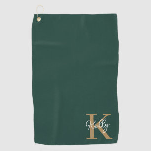 Modern Emerald Green Gold Monogram Script Golf Towel