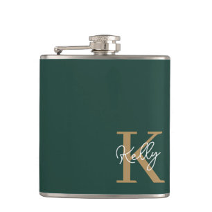 Modern Emerald Green Gold Monogram Script Hip Flask
