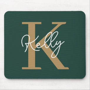 Modern Emerald Green Gold Monogram Script Mouse Mat