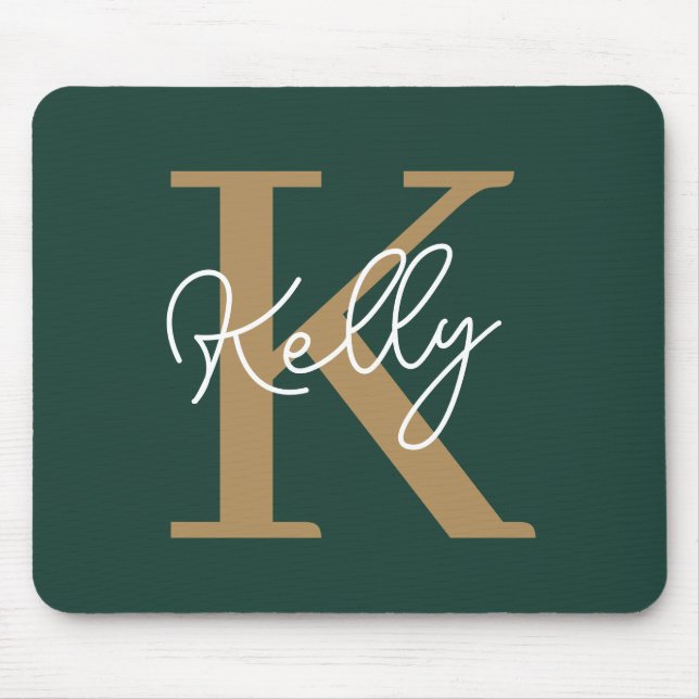 Modern Emerald Green Gold Monogram Script Mouse Mat (Front)