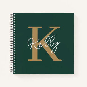 Modern Emerald Green Gold Monogram Script Notebook