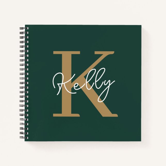 Modern Emerald Green Gold Monogram Script Notebook (Front)