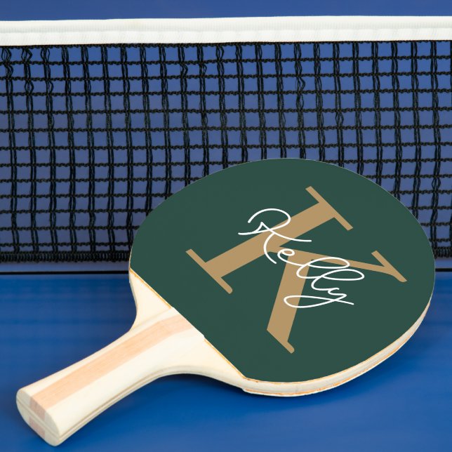 Modern Emerald Green Gold Monogram Script Ping Pong Paddle (Insitu)