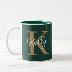 Modern Emerald Green Gold Monogram Script Two-Tone Coffee Mug