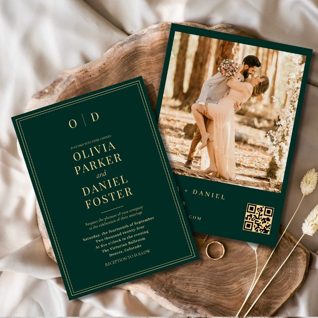 Modern Emerald Green Gold Photo QR Code Wedding Invitation (Creator Uploaded)