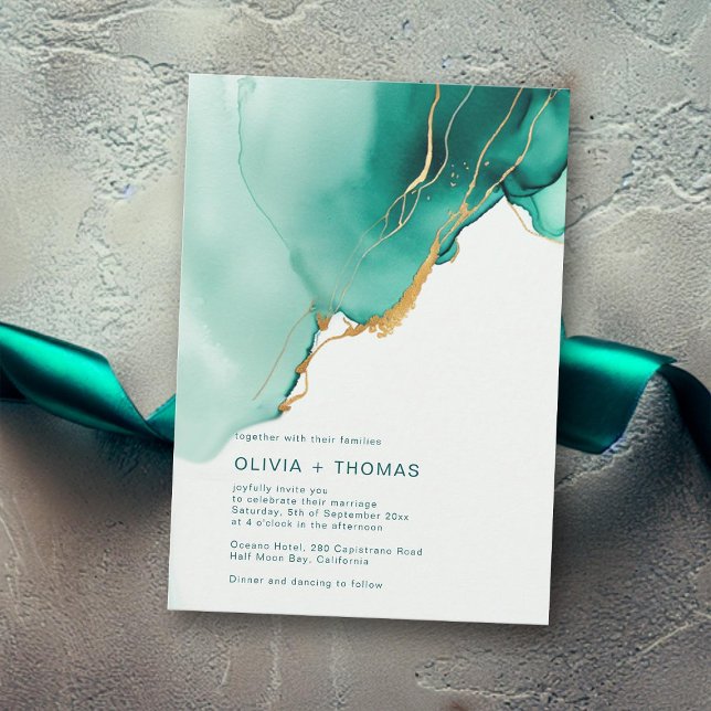Modern Emerald Green Gold Waves Beach Wedding Invitation (modern emerald green wedding invitation gold ocean beach waves romantic elegant bohemian typography)