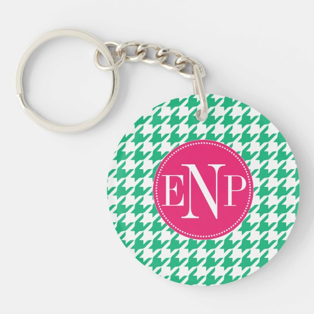 Modern Emerald Green Houndstooth Personalised Key Ring (Front)