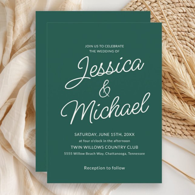 Modern Emerald Green Ivory Script Wedding  Invitation (Emerald green wedding invitation)