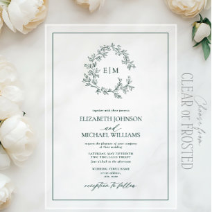 Modern Emerald Green Leafy Crest Monogram Wedding Acrylic Invitations