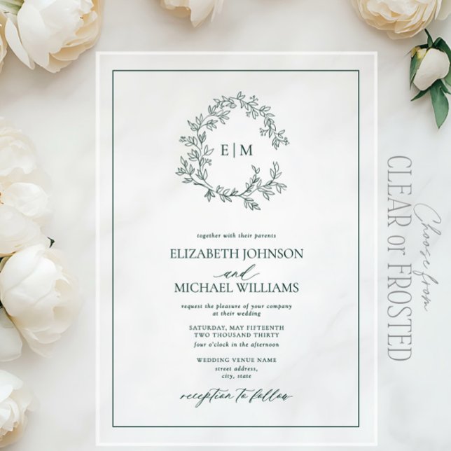 Modern Emerald Green Leafy Crest Monogram Wedding Acrylic Invitations (Creator Uploaded)