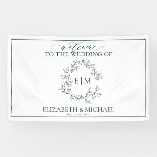 Modern Emerald Green Leafy Crest Monogram Wedding Banner