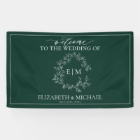 Modern Emerald Green Leafy Crest Monogram Wedding