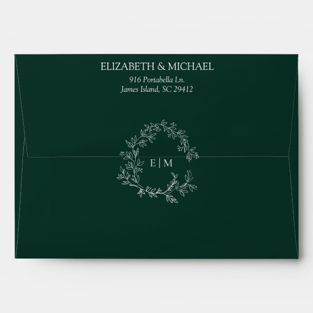 Modern Emerald Green Leafy Crest Monogram Wedding Envelope (Back (Top Flap))