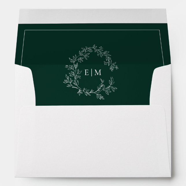 Modern Emerald Green Leafy Crest Monogram Wedding Envelope (Back (Bottom))