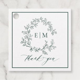 Modern Emerald Green Leafy Crest Monogram Wedding Favour Tags