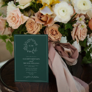 Modern Emerald Green Leafy Crest Monogram Wedding Invitation