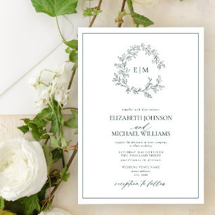 Modern Emerald Green Leafy Crest Monogram Wedding Invitation